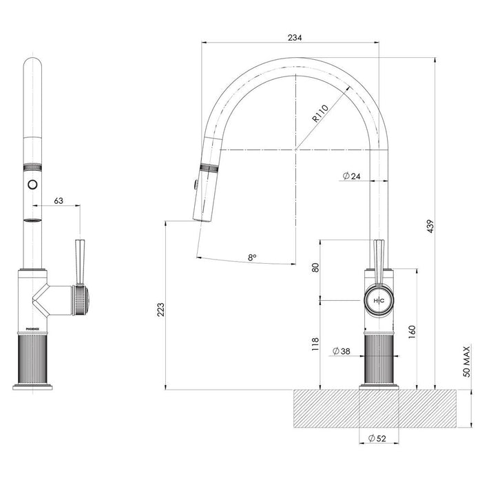 Phoenix Wiltern Pull Out Sink Mixer 230mm Line Drawing
