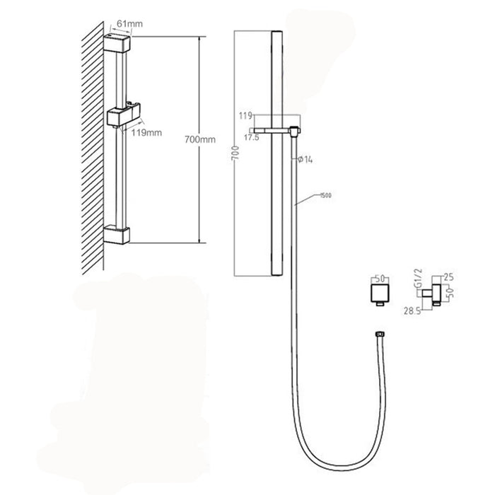 Aqua Perla Chrome Shower Rail No Hand piece -Chrome