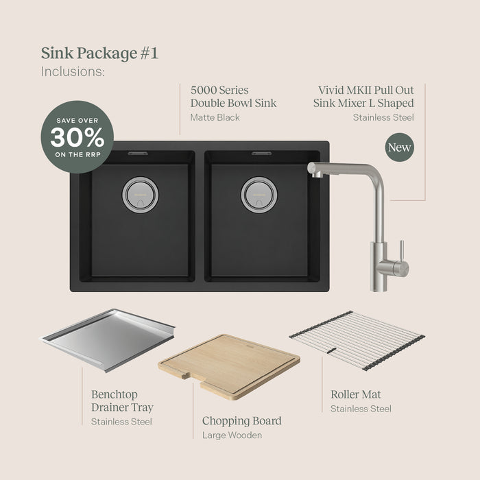 Phoenix 5000 Series Sink Package Black Matte - Includes Stainless Steel Gold Sink Mixer, Waste, Chopping Board & Roller Mat