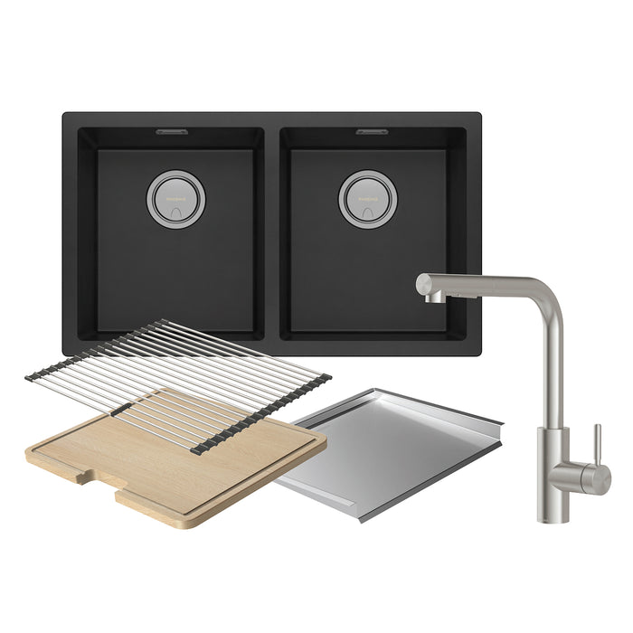 Phoenix 5000 Series Sink Package Black Matte - Includes Stainless Steel Gold Sink Mixer, Waste, Chopping Board & Roller Mat