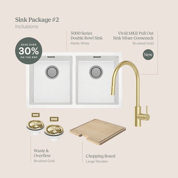 Phoenix 5000 Series Sink Package White Matte - Includes Brushed Gold Sink Mixer, Waste & Chopping Board