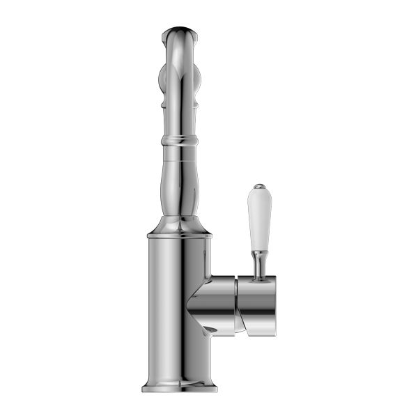 Nero York Basin Mixer Hook Spout With White Porcelain Lever - Chrome-NR69210201CH-blue-leaf-bathware