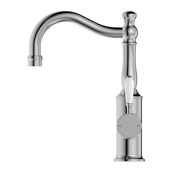 Nero York Basin Mixer Hook Spout With White Porcelain Lever - Chrome-NR69210201CH-blue-leaf-bathware