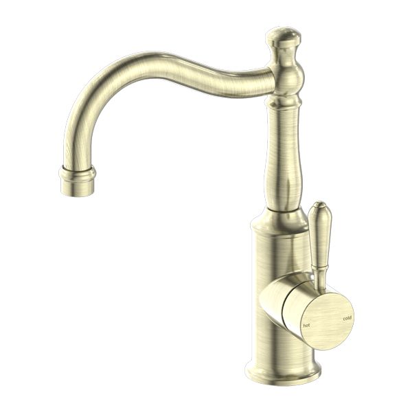 Nero York Basin Mixer Hook Spout With Metal Lever - Aged Brass-NR69210202AB-blue-leaf-bathware