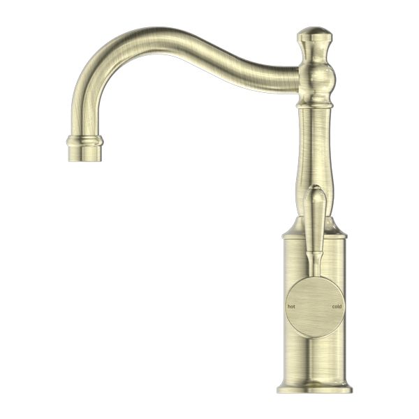 Nero York Basin Mixer Hook Spout With Metal Lever - Aged Brass-NR69210202AB-blue-leaf-bathware