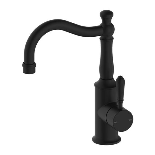 Nero York Basin Mixer Hook Spout With Metal Lever - Matte Black-NR69210202MB-blue-leaf-bathware