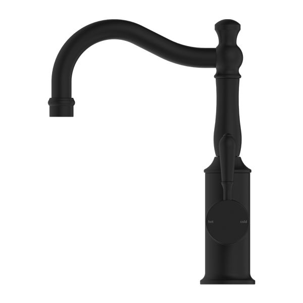 Nero York Basin Mixer Hook Spout With Metal Lever - Matte Black-NR69210202MB-blue-leaf-bathware