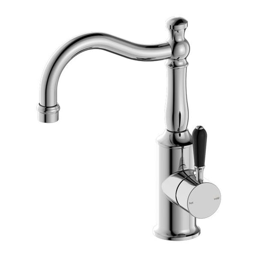 Nero York Basin Mixer Hook Spout With Black Porcelain Lever - Chrome-NR69210203CH-blue-leaf-bathware