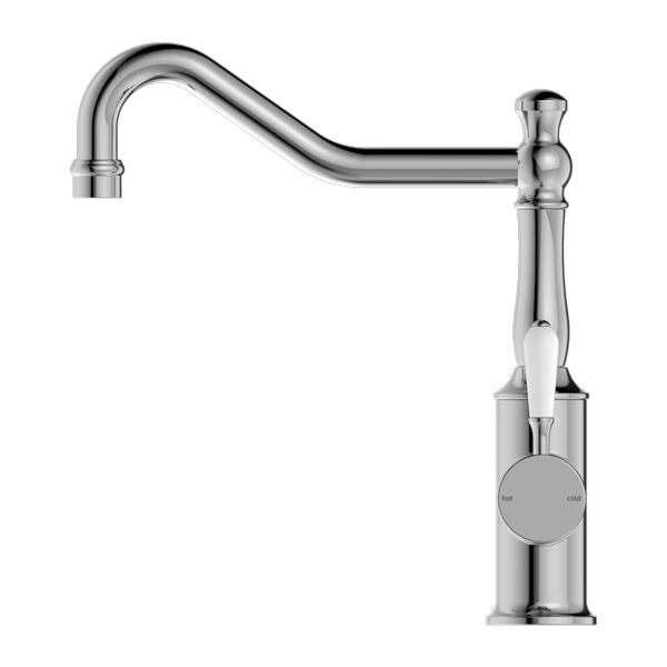 Nero York Kitchen Mixer Hook Spout With White Porcelain Lever - Chrome-NR69210701CH-blue-leaf-bathware