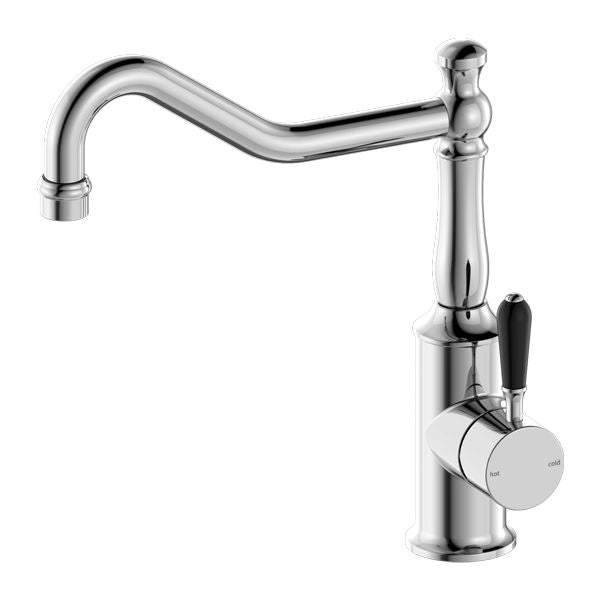 Nero York Kitchen Mixer Hook Spout With Black Porcelain Lever - Chrome-NR69210703CH-blue-leaf-bathware