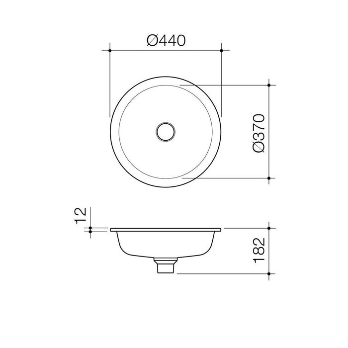 Caroma Liano II 440mm Round Under/Over Counter Basin - Technical Drawing
