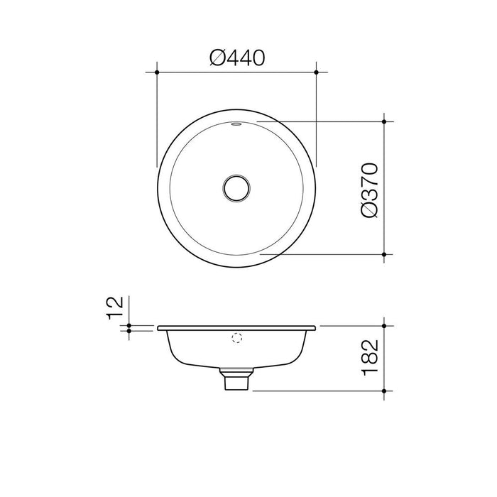 Caroma Liano II 440mm Round Under/Over Counter Basin with Overflow - Matte Black - Technical Drawing