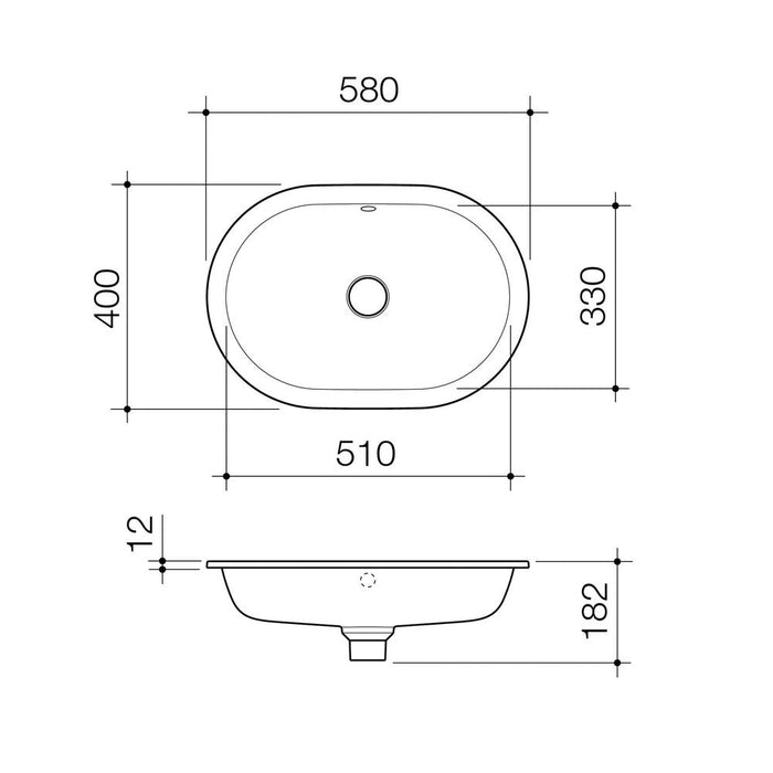 Caroma Liano II 580mm Pill Under/Over Counter Basin with Overflow - Technical Drawing