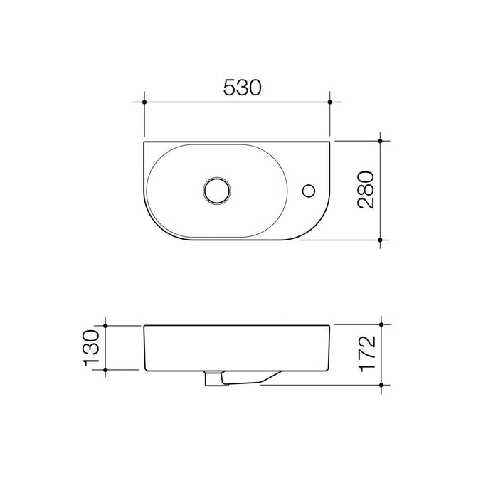 Caroma Liano II Hand Wall Basin (1 Tap Hole) - Technical Drawing