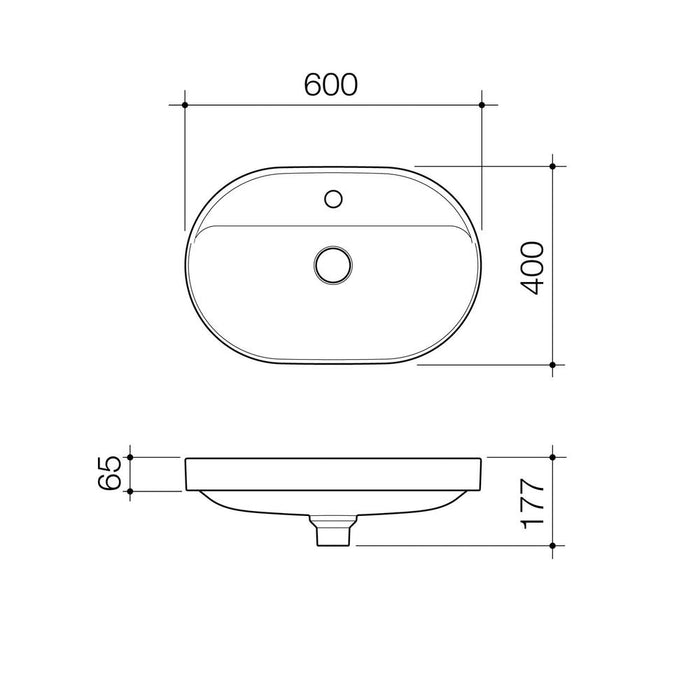 Caroma Liano II 600mm Pill Inset Basin with Tap Landing (1 Tap Hole) - Technical Drawing