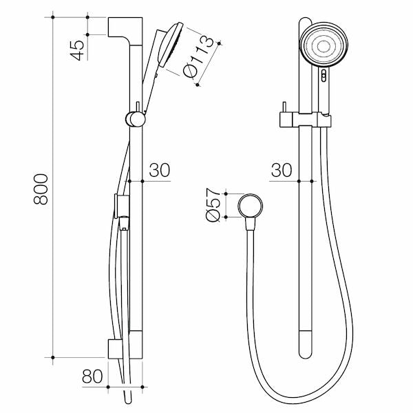 Caroma Urbane II Universal Rail Shower - Technical Drawing
