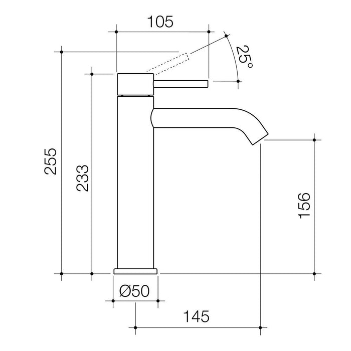 Caroma Liano II Mid Tower Basin Mixer - Matte Black - Technical Drawing