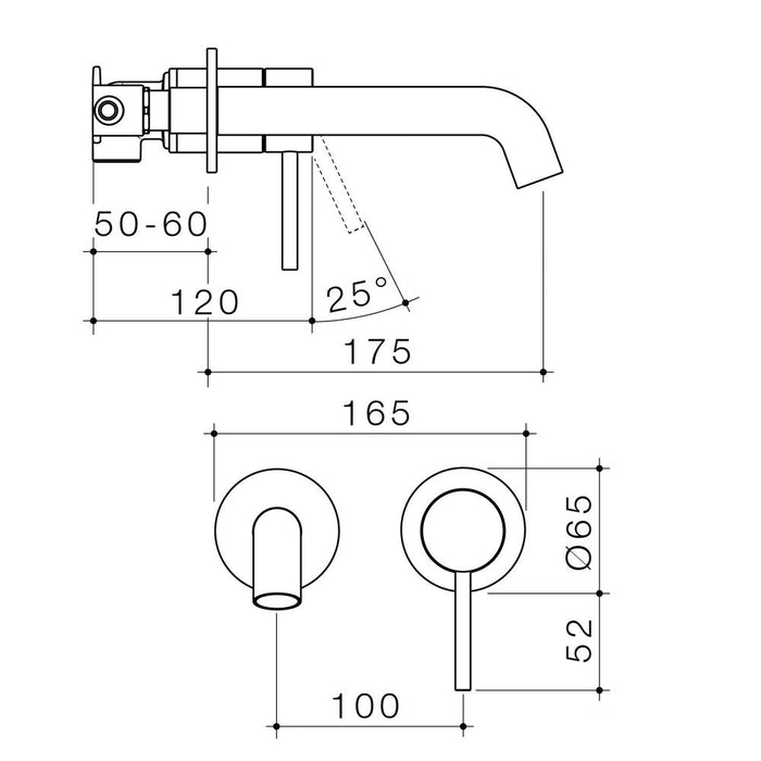 Caroma Liano II 175mm Wall Basin/Bath Mixer Twin Plate - Technical Drawing