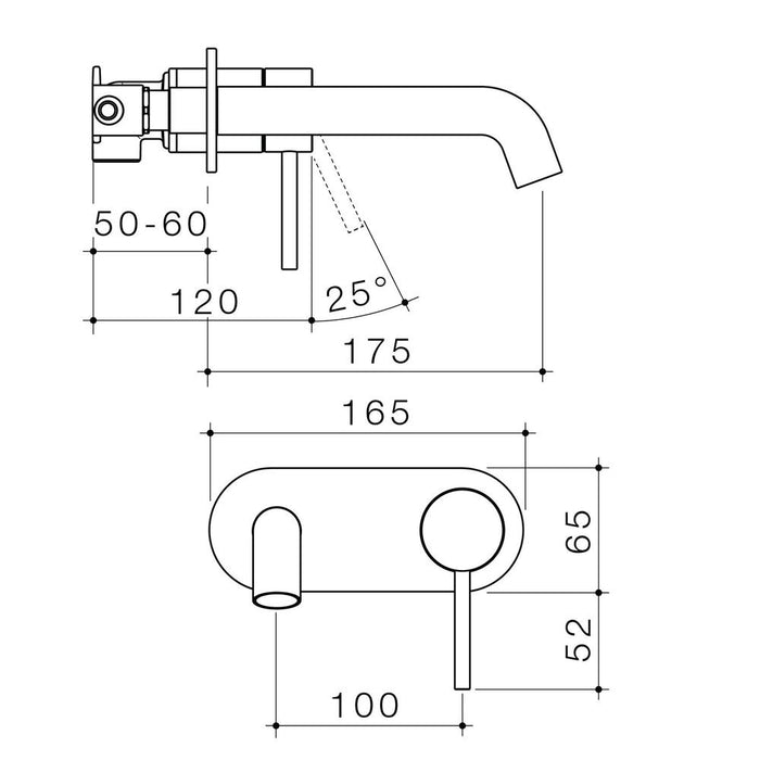 Caroma Liano II 175mm Wall Basin/Bath Mixer Single Plate - Gun Metal - Technical Drawing