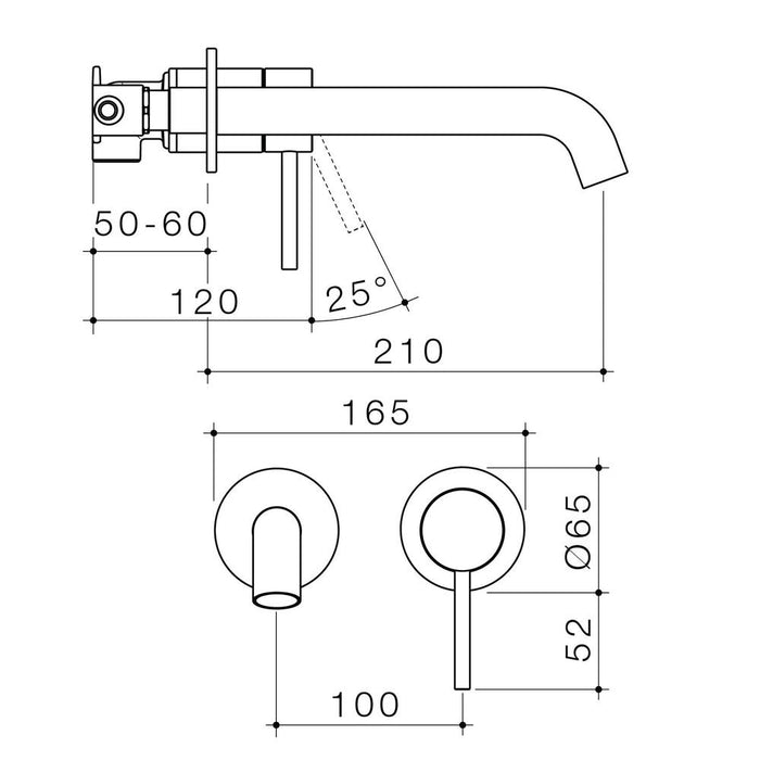 Caroma Liano II 210mm Wall Basin/Bath Mixer Twin Plate - Technical Drawing