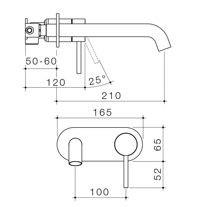 Caroma Liano II 210mm Wall Basin/Bath Mixer Single Plate - Brushed Bronze - Technical Drawing