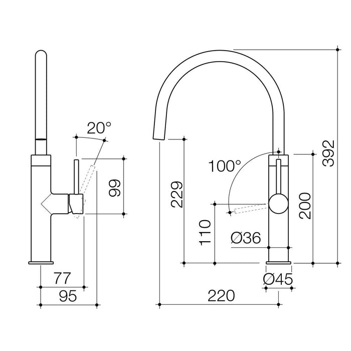 Caroma Liano II Sink Mixer - Brushed Bronze - Technical Drawing