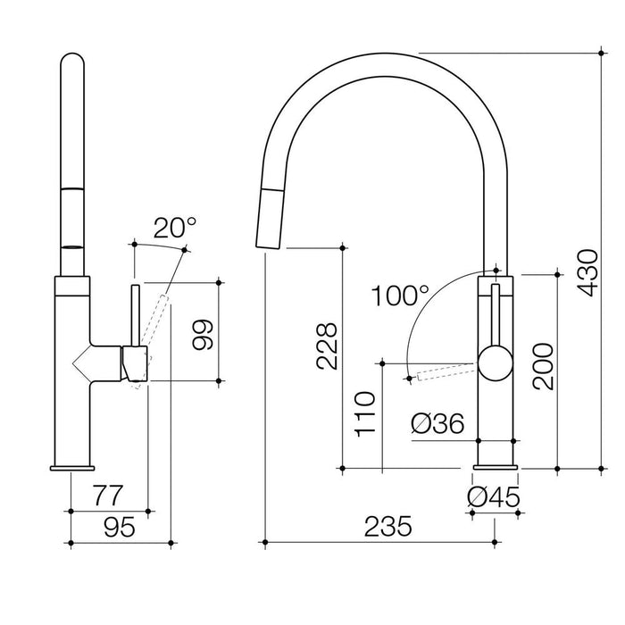 Caroma Liano II Pull Out Sink Mixer - Matte Black - Technical Drawing