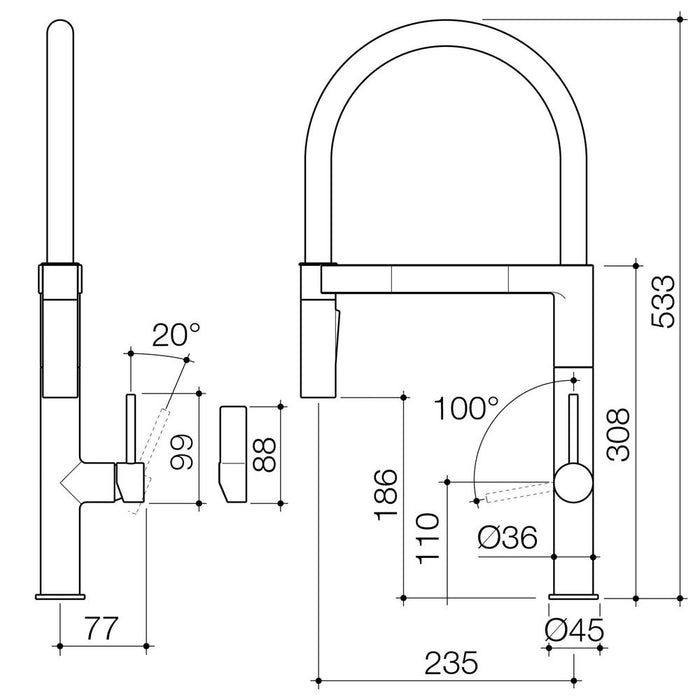 Caroma Liano II Pull Down Sink Mixer with Dual Spray - Matte Black - Technical Drawing