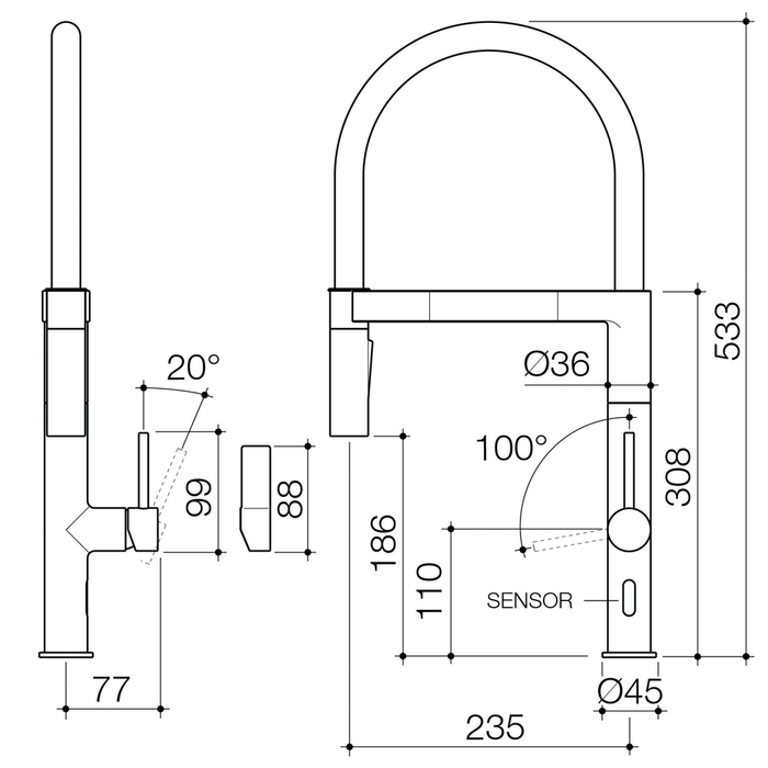 Caroma Liano II Pull Down Sensor Sink Mixer with Dual Spray - Chrome - Technical Drawing