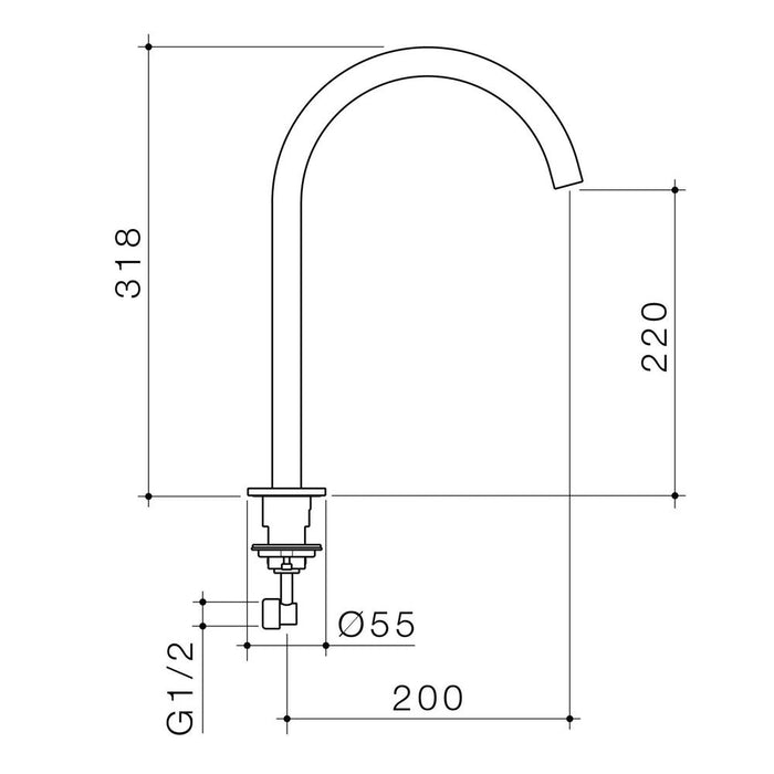 Caroma Liano II Hob Swivel Outlet 200mm - Brushed Brass - Technical Drawing