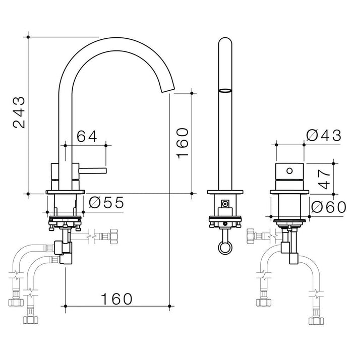 Caroma Liano II Hob Basin Mixer Set 160mm - Brushed Bronze - Technical Drawing