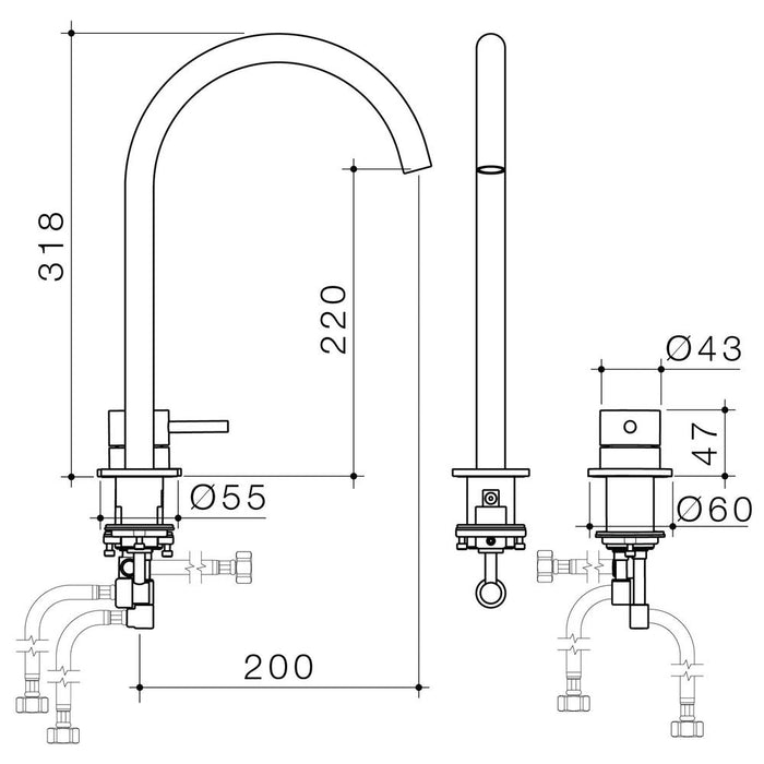 Caroma Liano II Hob Basin/Sink Mixer Set 200mm - Brushed Brass - Technical Drawing