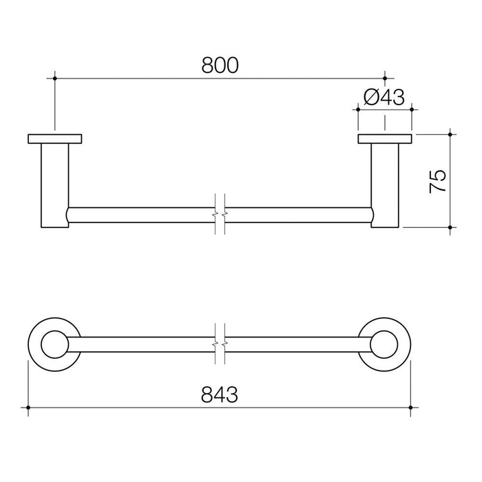 Caroma Liano II Single Towel Rail 840mm - Brushed Nickel - Technical Drawing