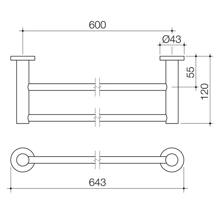 Caroma Liano II Double Towel Rail 640mm - Matte Black - Technical Drawing