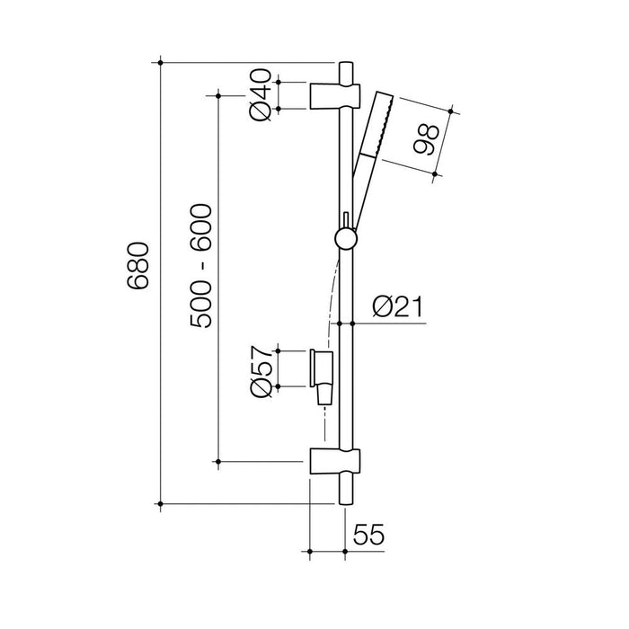 Caroma Liano II 3 Function Microphone Rail Shower - Gun Metal - Technical Drawing