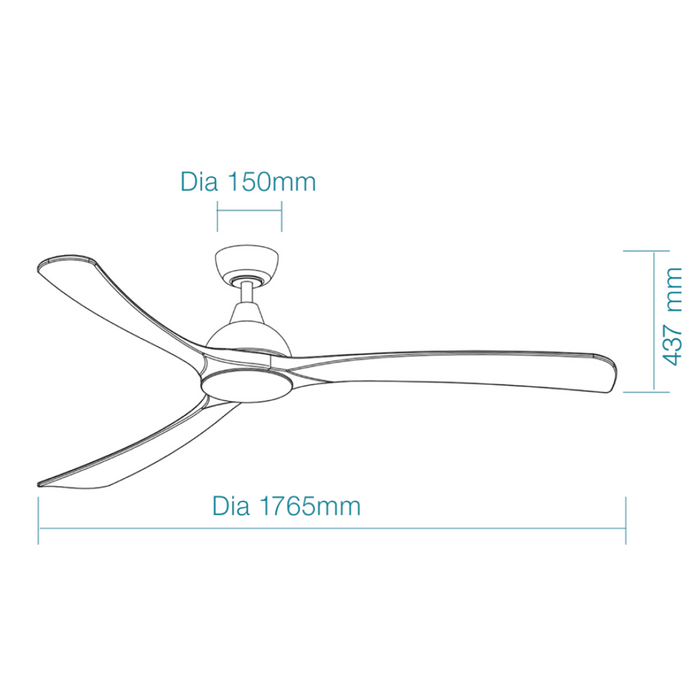 Martec Norfolk Aero DC 86″ Smart Ceiling Fan With WIFI Remote Control - Matt White / Natural - Technical Drawing