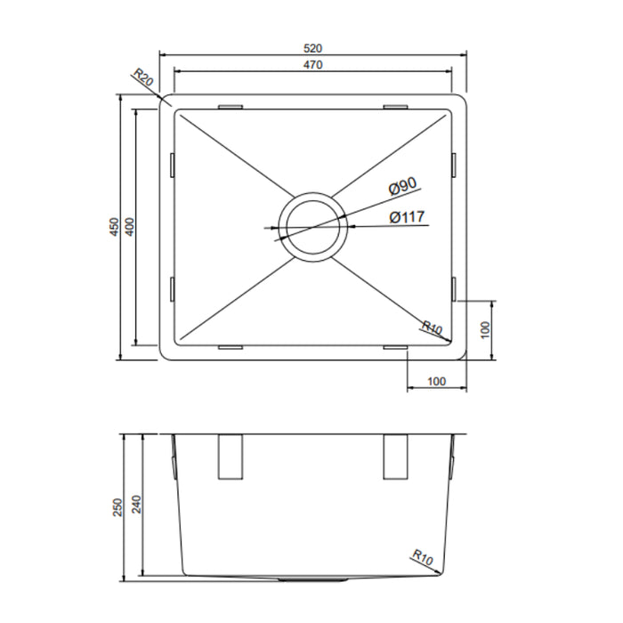 Vellano Arraso 520mm Single Bowl Kitchen Sink - Stainless Steel