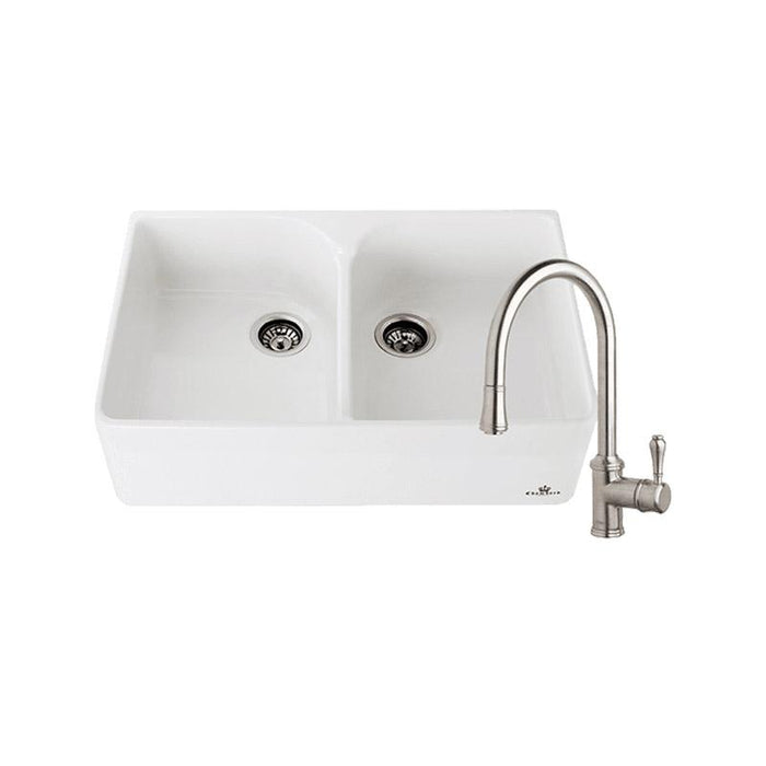 Abey Chambord Clotaire Double Bowl Sink & Kitchen Mixer in Brushed Nickel-CLOTAIRE-2WTBN-blue-leaf-bathware