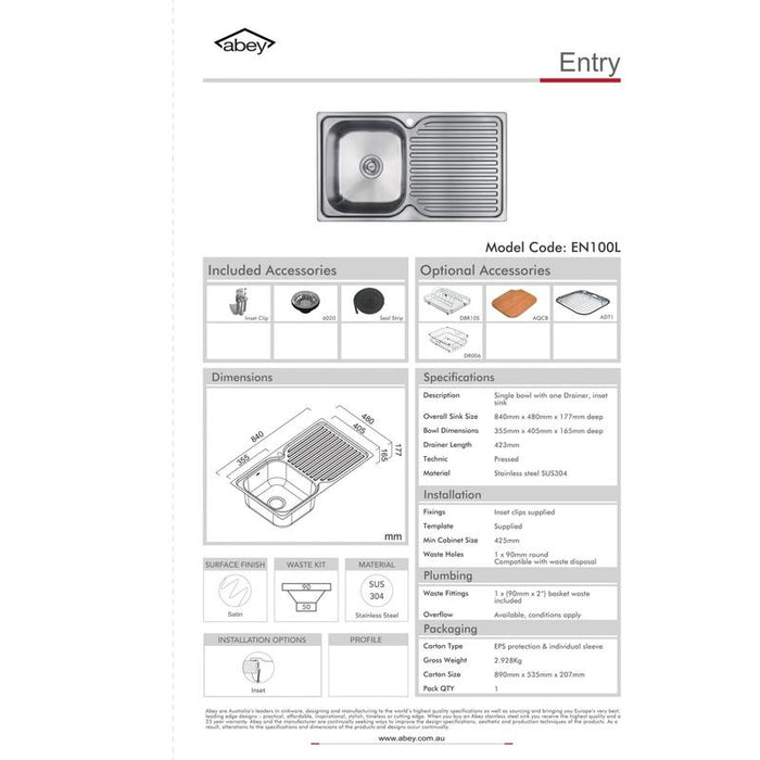 Abey Entry Single Bowl (Right Hand Bowl)-EN100R-blue-leaf-bathware