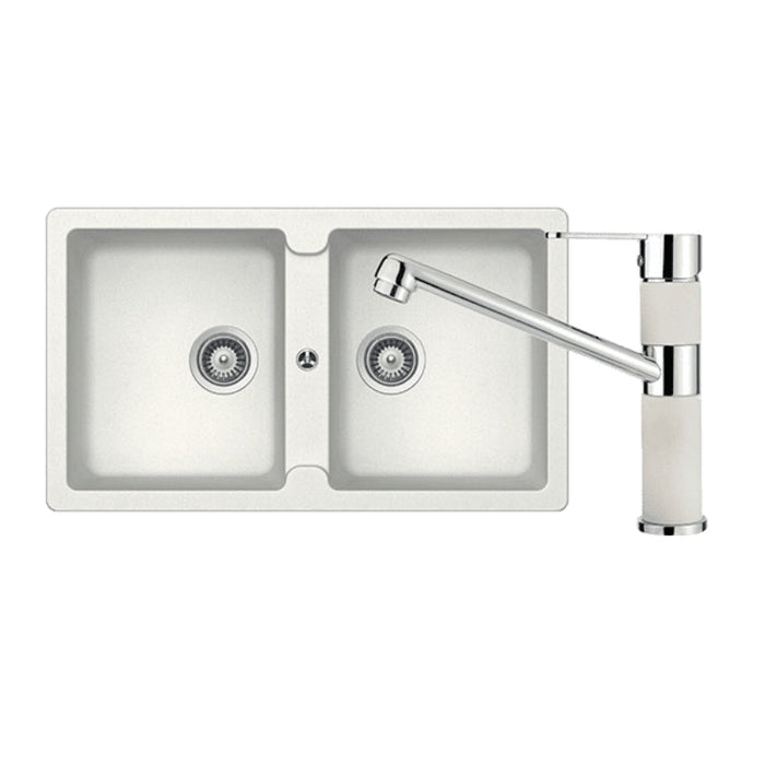 Abey Schock Typos Double Bowl & 400456A Kitchen Mixer - Alpina (White)-TN200TW-blue-leaf-bathware