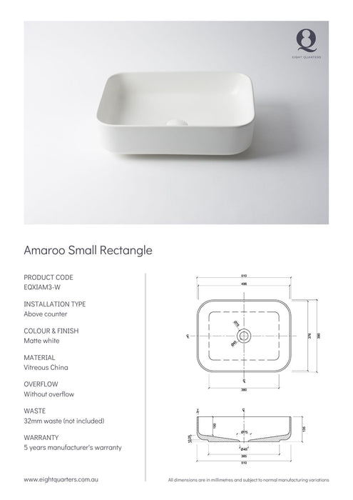 Eight Quarters Wash Basin - Amaroo Small Rectangle White