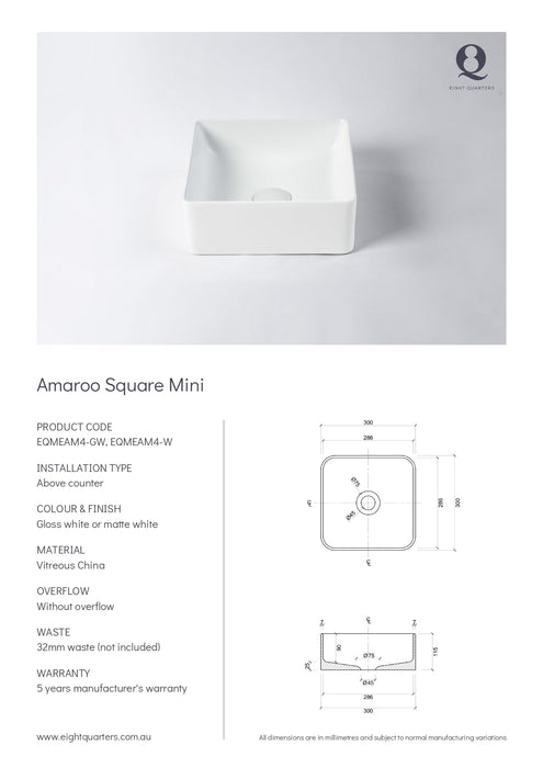 Eight Quarters Basins - Amaroo Square Mini Specifications