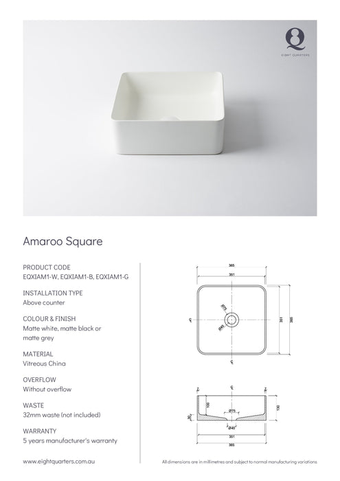 Eight Quarters Wash Basin - Amaroo Square Specifications