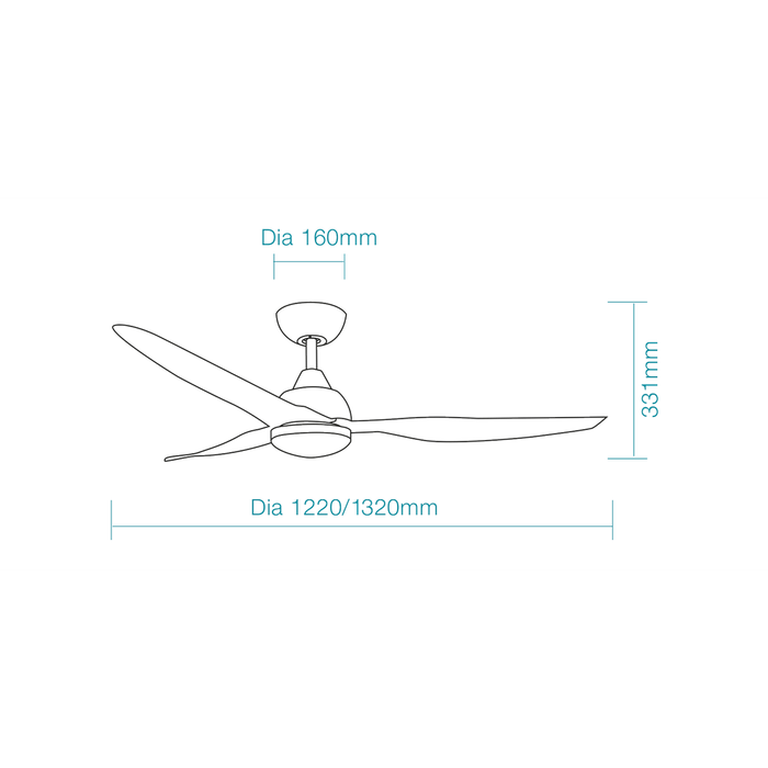 Martec Avoca DC 48″ Smart Ceiling Fan With WIFI Remote Control + LED Light - Matt White/Oak - Technical Drawing