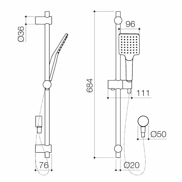 Caroma Basis Square Rail Shower Technical Drawing
