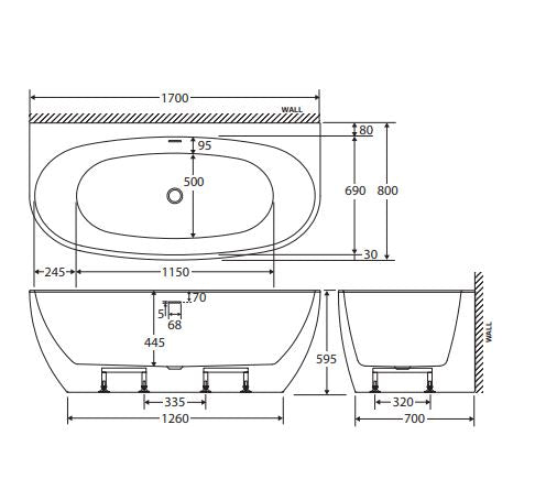 Fienza Keeto Back-To-Wall Acrylic Bath with Overflow, 1700mm