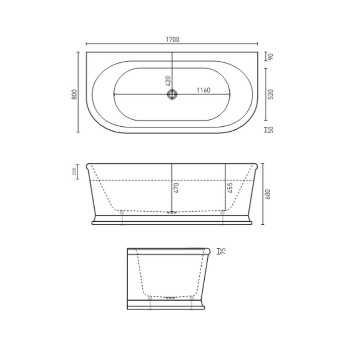 Decina Oxford 1700mm Back To Wall Bath-OX1700W-blue-leaf-bathware