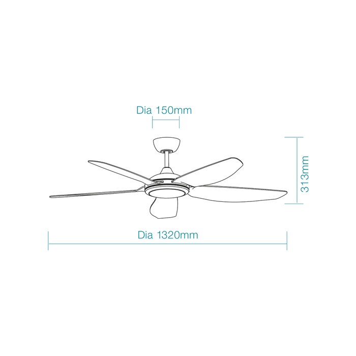 Martec Esprit DC 52″ Smart Ceiling Fan With WIFI Remote Control + LED light - Matt Black - Technical Drawing