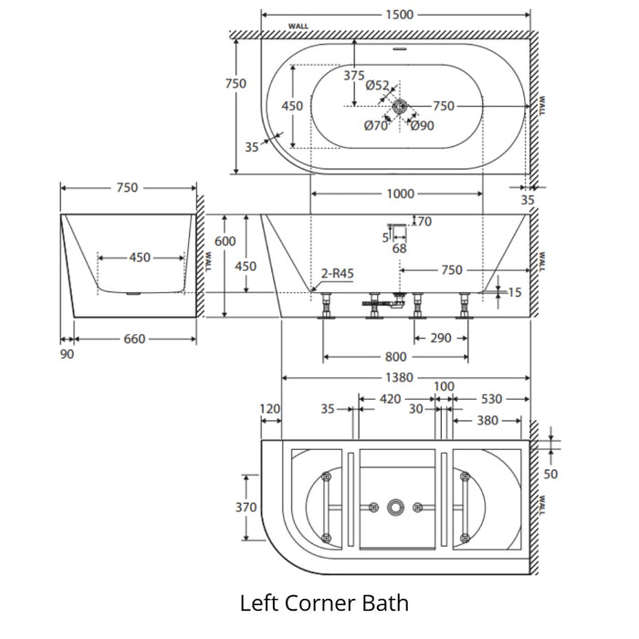 Fienza Isabella Corner Bath 1500mm