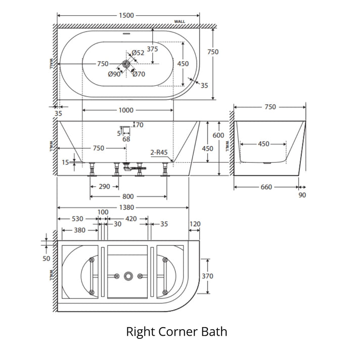 Fienza Isabella Corner Bath 1500mm